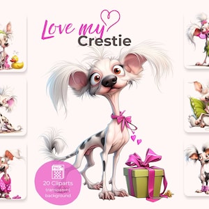 Könnte beinhalten: Digitale Kunstgrafik mit einem Cartoon-Chinesischen Schopfhund mit einer rosa Schleife, umgeben von kleineren Bildern des Hundes in verschiedenen Posen. Der Text "Love my Crestie" wird in Pink angezeigt.