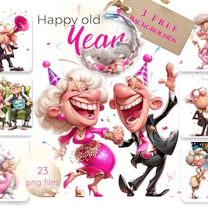 Könnte beinhalten: Eine Sammlung digitaler Illustrationen mit festlichem Thema. Das Hauptbild zeigt ein tanzendes älteres Ehepaar, umgeben von anderen Bildern von feiernden älteren Menschen. Text enthält "Happy old Year", "3 Free Backgrounds" und "23 png files".