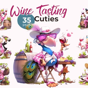 Könnte beinhalten: Eine Sammlung skurriler Illustrationen mit anthropomorphen Tieren, die eine Weinprobe genießen. Das Bild zeigt einen Flamingo, einen Wolf, einen Papagei und andere Kreaturen, alle in stilvoller Kleidung, mit Weingläsern und Flaschen. Der Text "Wine Tasting 35 Cuties PNG" wird angezeigt.