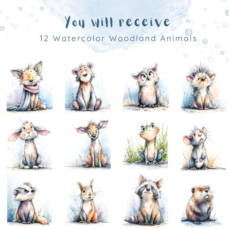 Overview of 12 watercolor woodland animal illustrations including bear, fox, owl, hedgehog, rabbit, deer, frog, mouse, raccoon, beaver, squirrel and badger, soft whimsical nursery clipart style