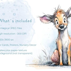 What is included overview of magical woodland animals watercolor clipart bundle showing deer illustration, watercolor paper background and nursery decor use
