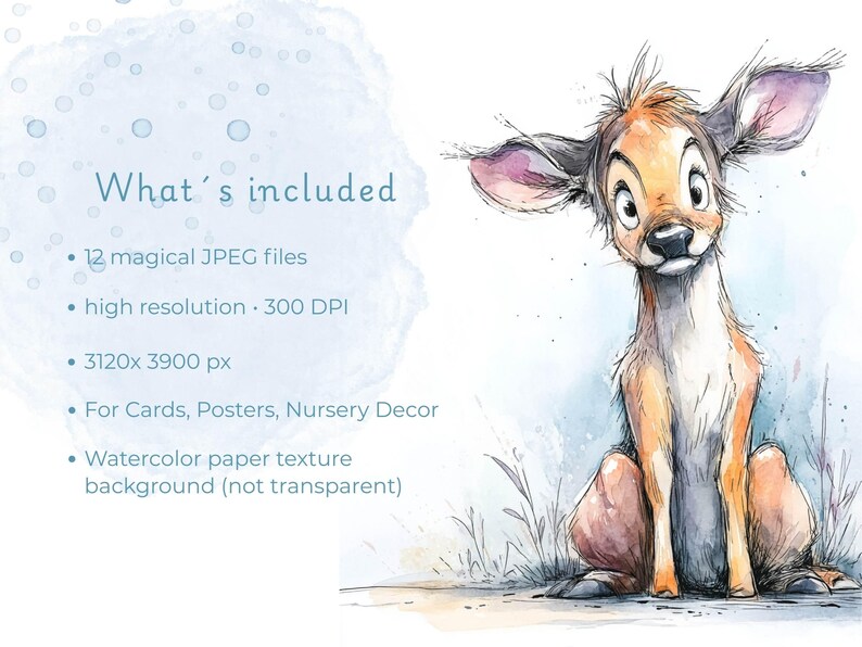 What is included overview of magical woodland animals watercolor clipart bundle showing deer illustration, watercolor paper background and nursery decor use
