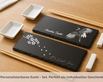 Personalisiertes Sushi Set | Gravierte Schieferplatten mit Namen | Geschenk für Paare & Sushi-Liebhaber | Hochzeitsgeschenk | Sushi-Brett