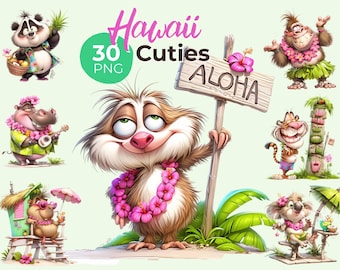 Hawaii Clipart Bundle – Tropical Animals PNG, Beach Animals Clipart, Cute Summer Clipart for Cricut, Stickers & Sublimation, Hawaii Cuties