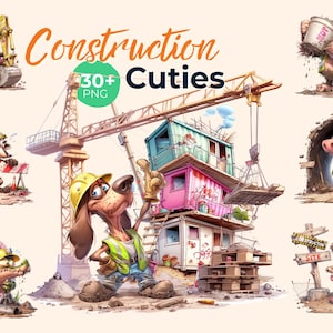Puede incluir: Un conjunto de ilustraciones digitales titulado Construction Cuties que presenta varios animales de dibujos animados con equipo de construcción, incluyendo un perro, cerdo, mapache, cocodrilo y mono, junto a maquinaria.
