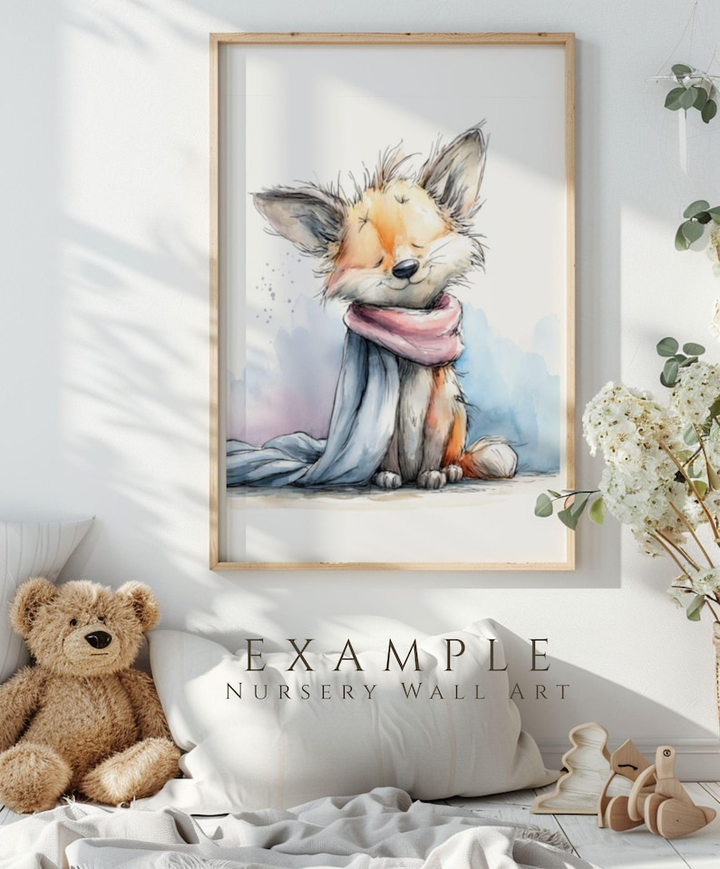 Watercolor nursery wall art mockup featuring a cute woodland fox illustration in soft pastel colors, displayed in a cozy baby room with wooden frame, teddy bear and neutral decor, example digital clipart artwork.