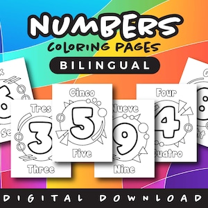 May include: Black and white coloring pages featuring numbers 1 through 9 with Spanish and English words for each number. The pages are designed with a geometric pattern around each number.