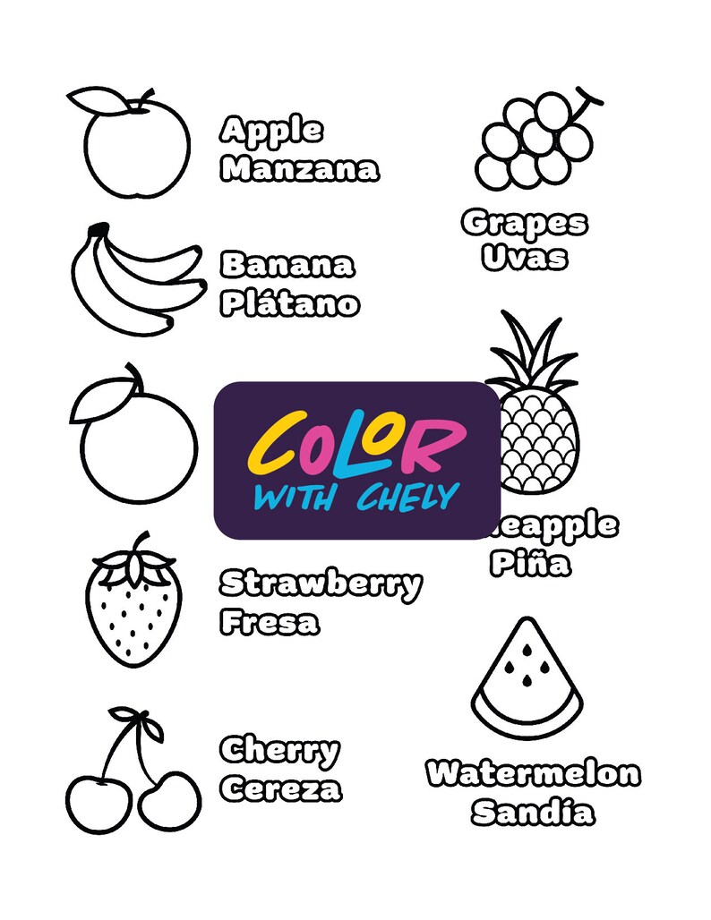 Fruits in Spanish Coloring Page instant Download Learn the Fruits in