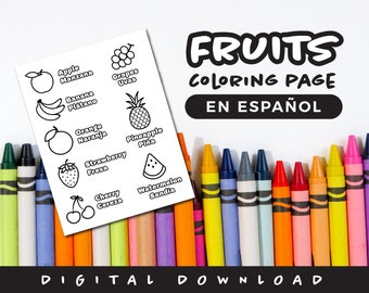 Página para colorear de Frutas en Español (Descarga Instantánea) / Aprende las frutas en Español