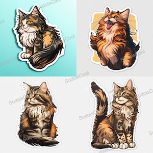Sticker chat Maine coon | Sticker reine des chats | Sticker roi chat | Sticker chat mignon | Sticker drôle pour animal de compagnie (4 pièces)