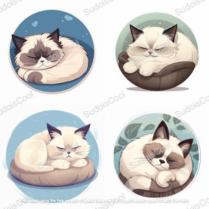 Ragdoll Katze Sticker | Schlafende Katze| Niedlicher Katzen Sticker | Lustiger Haustier Aufkleber (4 Stück)