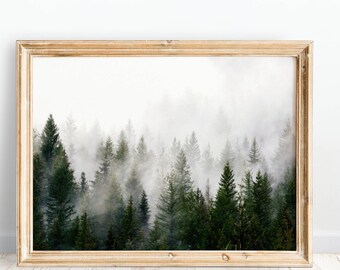 PRINTABLE Forest Photography Print | Foggy Pine Forest | Nature Wall Art | Christmas Tree Print | Green Pine Forest | P118