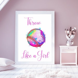 Throw Like A Girl Poster, Softball Wall Decor, Softball Wall Art, Sports Nursery Decor, Sports Nursery Wall Art
