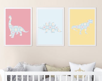 Dinosaur Nursery Prints, Nursery Dinosaur Wall Art, Nursery Dinosaur Decor, Girl Dinosaur Room, Dinosaur Flower, DIGITAL DOWNLOAD - P128