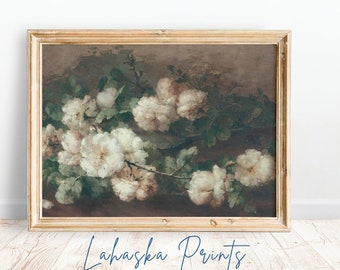 絵画　花　アンティーク ヴィンテージの白いバラの絵画：アンティークな花の静物画（デジタル