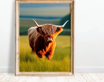 PRINTABLE Highland Cow Print, Highland Cow in Field Digital Print