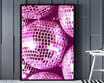 AFDRUKBARE discobal muurkunst | Retro roze discoballenprint | Slaapzaaldecoratie | Grote afdrukbare kunst