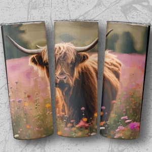 Highland Cow Wildflower 20oz Sublimation Tumbler Designs, Straight & Tapered Tumbler Wrap PNG, Instant Download, Commercial Use