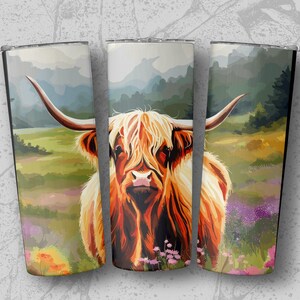 Highland Cow Wildflower 20oz Sublimation Tumbler Designs, Straight & Tapered Tumbler Wrap PNG, Instant Download, Commercial Use