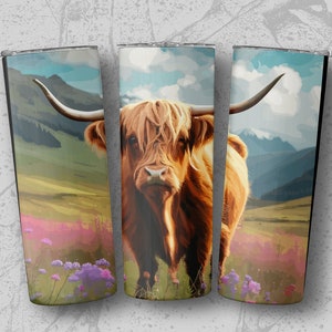 Highland Cow Wildflower 20oz Sublimation Tumbler Designs, Straight & Tapered Tumbler Wrap PNG, Instant Download, Commercial Use