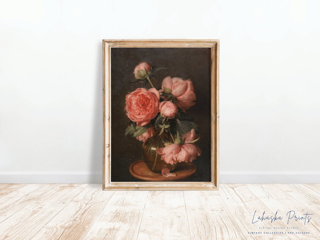 PRINTABLE Moody Vintage Peony Flower Print | Dark Still Life Floral Oil ...