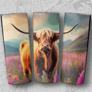 Highland Cow Wildflower 20oz Sublimation Tumbler Designs, Straight & Tapered Tumbler Wrap PNG, Instant Download, Commercial Use