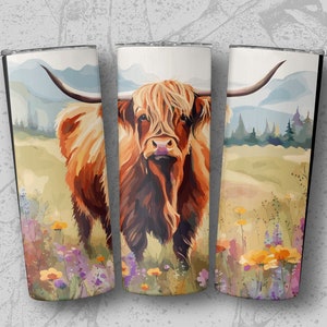Highland Cow Wildflower 20oz Sublimation Tumbler Designs, Straight & Tapered Tumbler Wrap PNG, Instant Download, Commercial Use