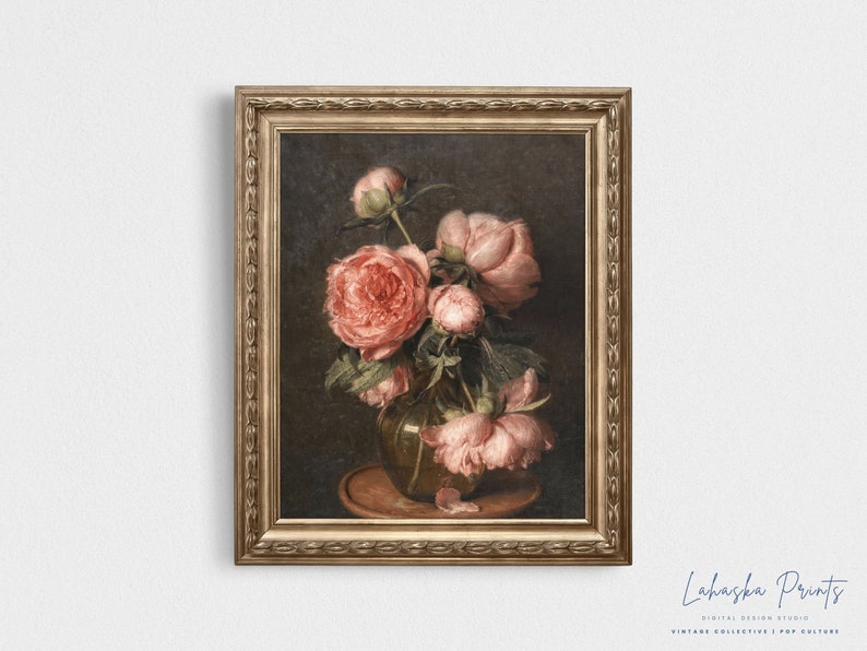 PRINTABLE Moody Vintage Peony Flower Print | Dark Still Life Floral Oil ...