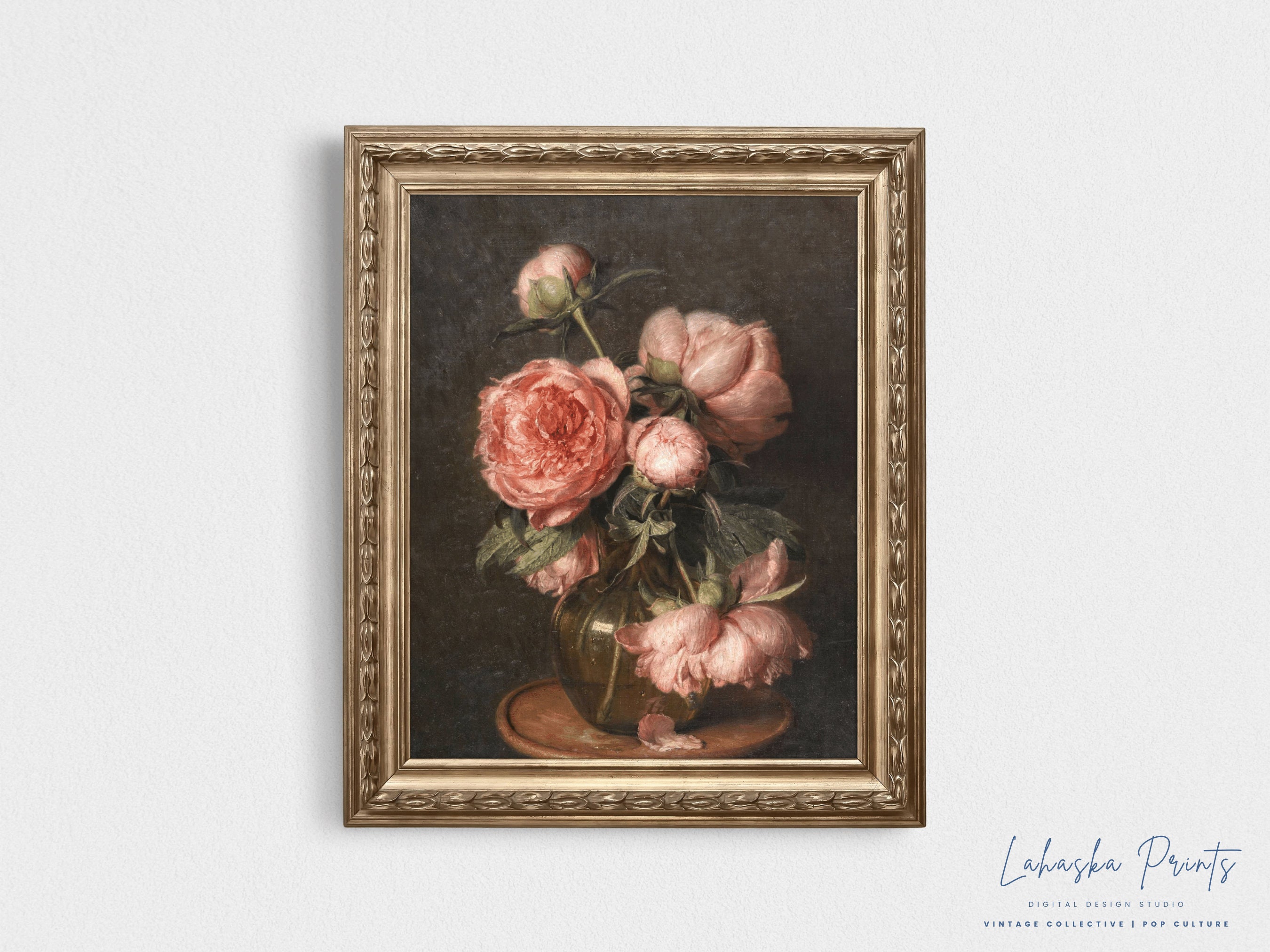 PRINTABLE Moody Vintage Peony Flower Print | Dark Still Life Floral Oil ...