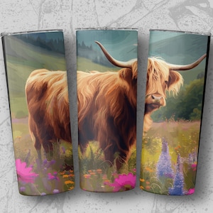 Highland Cow Wildflower 20oz Sublimation Tumbler Designs, Straight & Tapered Tumbler Wrap PNG, Instant Download, Commercial Use