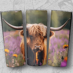 Highland Cow Wildflower 20oz Sublimation Tumbler Designs, Straight & Tapered Tumbler Wrap PNG, Instant Download, Commercial Use