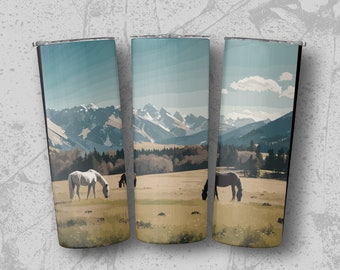 Horse and Mountains 20oz Sublimation Tumbler Designs, Straight & Tapered Tumbler Wrap PNG, Instant Download, Commercial Use