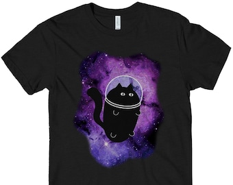 May include: Black t-shirt with a purple galaxy print and a black cat wearing a space helmet floating in the galaxy.