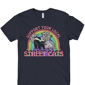 Funny Street Cats T-Shirt: Retro Rainbow Possum, Raccoon, Skunk Graphic