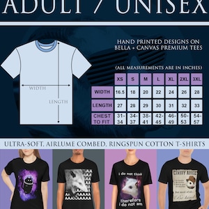 May include: A size chart for unisex t-shirts, showing measurements in inches for width, length, and chest to fit. The chart includes sizes XS through 3XL. The t-shirts are described as ultra-soft, airlume combed, and ringspun cotton.