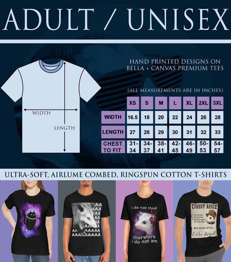 May include: A size chart for unisex t-shirts, showing measurements in inches for width, length, and chest to fit. The chart includes sizes XS through 3XL. The t-shirts are described as ultra-soft, airlume combed, and ringspun cotton.