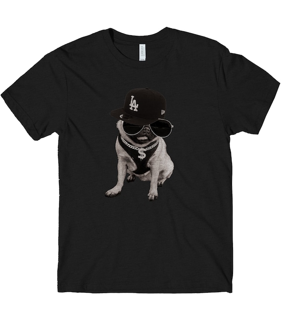 Pug Life Thug Rapper T Shirt Funny Cute Gangster Pugs Hat Chain Sunglasses  Shades Dog Pet Animal Graphic Tee for Men Women Kids 