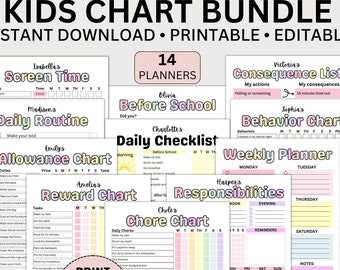 Chore Charts for Kids Editable Responsibility Chart School Routine Checklist Allowance Screen Time Behavior Consequence Reward Chart Bundle