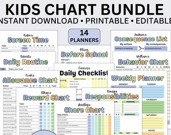 Chore Charts for Kids Editable Responsibility Chart School Routine Checklist Allowance Screen Time Behavior Consequence Reward Chart Bundle