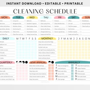 EDITABLE Cleaning Schedule PRINTABLE Cleaning Checklist Household Chore Chart ADHD Cleaning Planner Daily Weekly Monthly Yearly Color