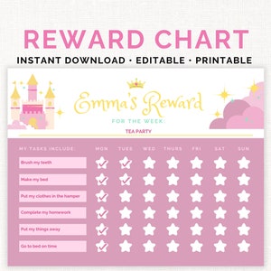PERSONALIZED Reward Chart for Kids EDITABLE Chore Chart Behavior Chart PRINTABLE Kids Routine Motivational Daily Chore Chart Princess
