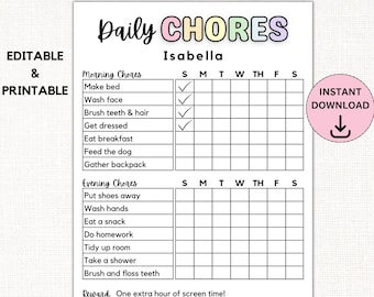 Chore Chart for Kids PRINTABLE Teen Chore Chart EDITABLE Morning Evening Routine Daily Weely Responsibility Chart Reward Chart Schedule List