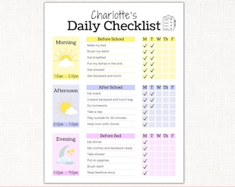 May include: A printable daily checklist for children with a colorful design. The checklist includes sections for morning, afternoon, and evening, with tasks like making the bed, eating breakfast, doing homework, and reading a bedtime story. The checklist is designed to help children stay organized and on track throughout the day.