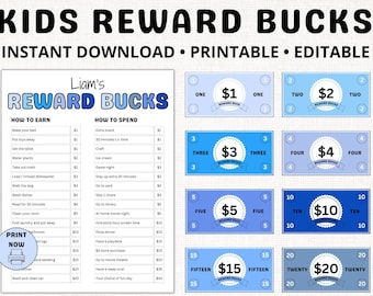 Editable Kids Rewards Bucks PRINTABLE Reward Chart for Kids Reward Coupons Chore Chart Bucks System Responsibility Chart Kids Play Money