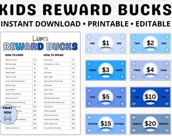 Editable Kids Reward Bucks PRINTABLE Reward Chart for Kids Reward Coupons Chore Chart Bucks System Responsibility Chart Kids Play Money
