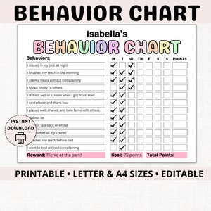 Kids Behavior Reward Chart PRINTABLE Behavior Tracker Behavior Managment Child Behavior Log EDITABLE Behavior Template Home Classroom