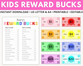 Editable Kids Reward Bucks PRINTABLE Reward Chart for Kids Reward Coupons Chore Chart Bucks System Responsibility Chart Kids Play Money