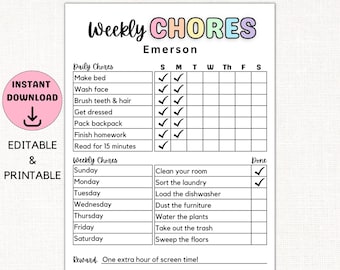 May include: A printable chore chart for kids with a colorful header and a checklist for daily and weekly chores. The chart is titled "Weekly Chores" and includes a section for "Daily Chores" and "Weekly Chores". The chart is designed for a child named Emerson. The chart includes a reward section that says "One extra hour of screen time!"