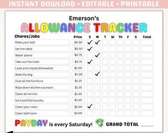 Hoe u geld kunt verdienen Grafiek voor kinderen Toelage Tracker BEWERKBARE Toelage klusjesgrafiek voor kinderen AFDRUKBARE Verantwoordelijkheidsgrafiek voor kinderen PDF