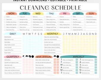 EDITABLE Cleaning Schedule PRINTABLE Cleaning Checklist Household Chore Chart ADHD Cleaning Planner Daily Weekly Monthly Yearly Color
